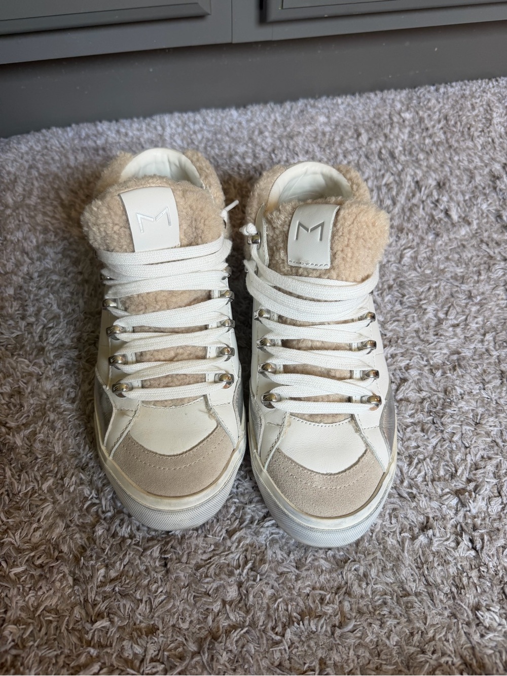 Marc Fisher Cream and Tan Shearling-Trim Sneakers